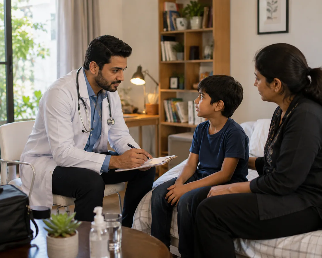 A MinuteDoc doctor talking with a young boy and his mother at home in Noida