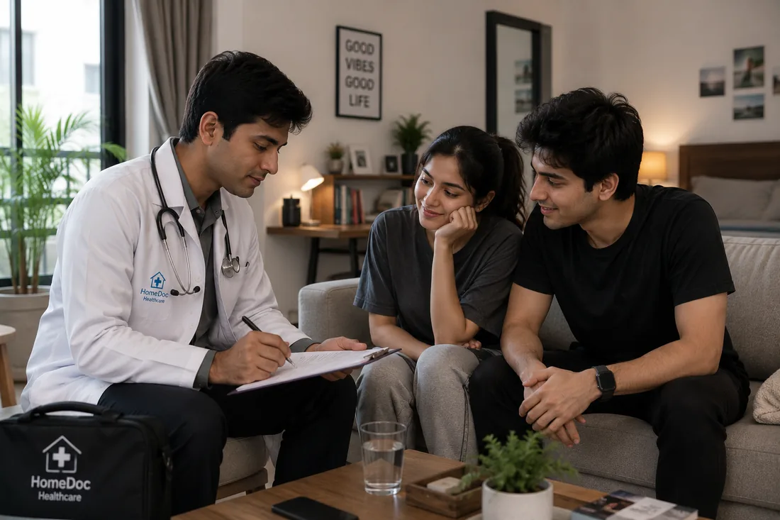 A MinuteDoc doctor taking notes while talking with a young couple at home in Faridabad